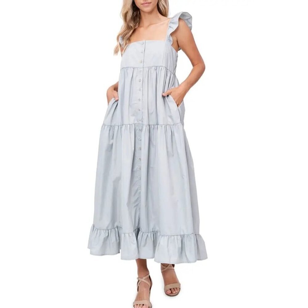 En Saison Flutter Sleeve Tiered Midi Dress Womens Size S Pockets Minimalist Boho